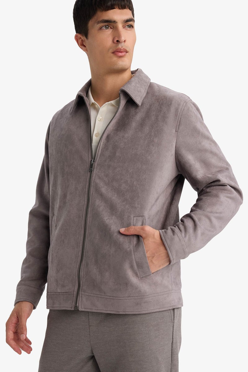 DeFacto Grey Man Regular Fit Polo Collar Lined Zip-Up Suede Jacket Casual - Image 3